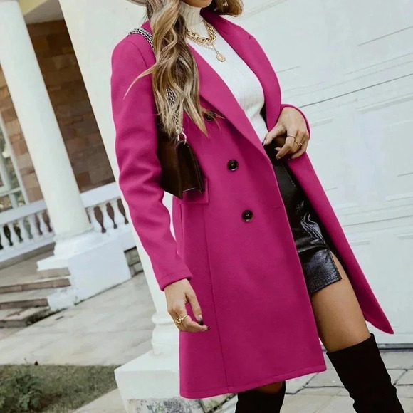 Hot Pink Elegant Women's Lapel Neck Double Breasted Overcoat - Picture 6 of 6